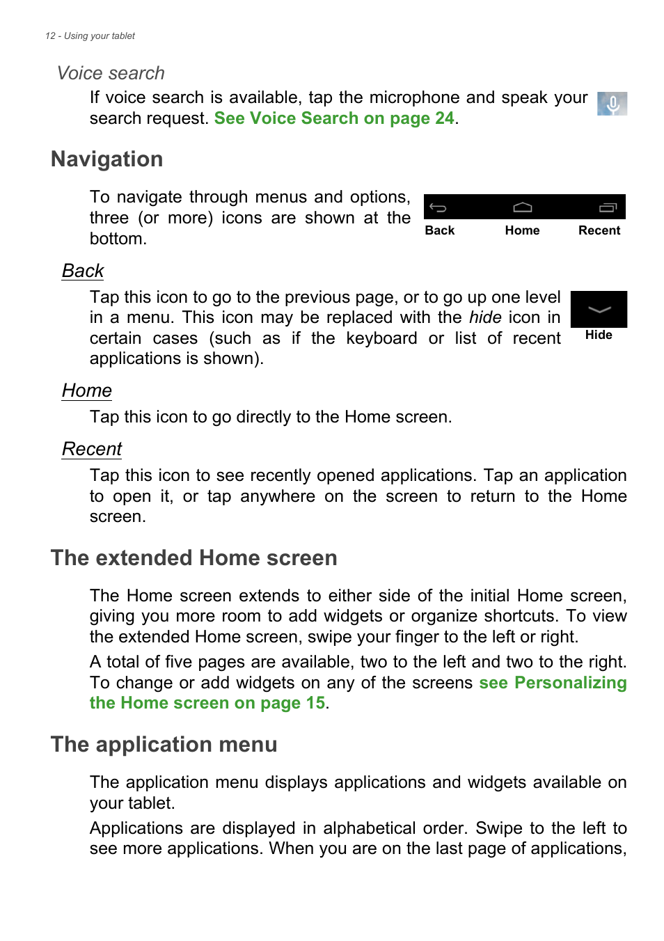 Navigation, The extended home screen, The application menu | Acer B1-730HD User Manual | Page 12 / 52