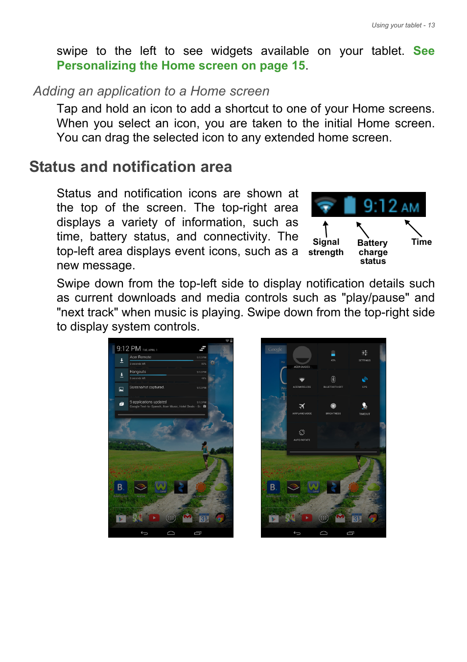 Status and notification area, Adding an application to a home screen | Acer B1-730HD User Manual | Page 13 / 52