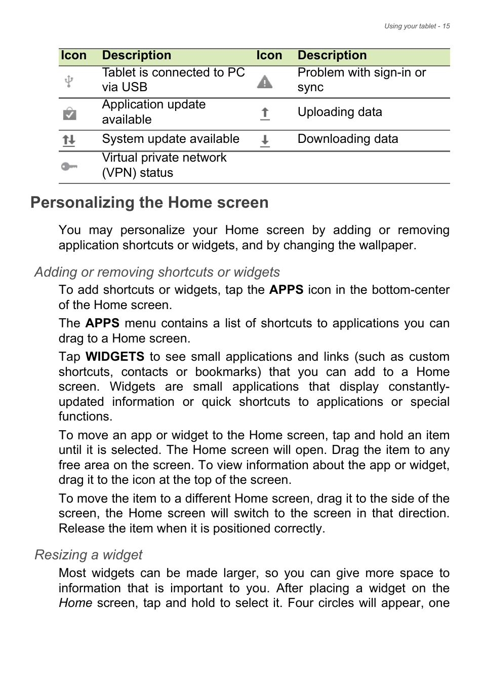 Personalizing the home screen | Acer B1-730HD User Manual | Page 15 / 52