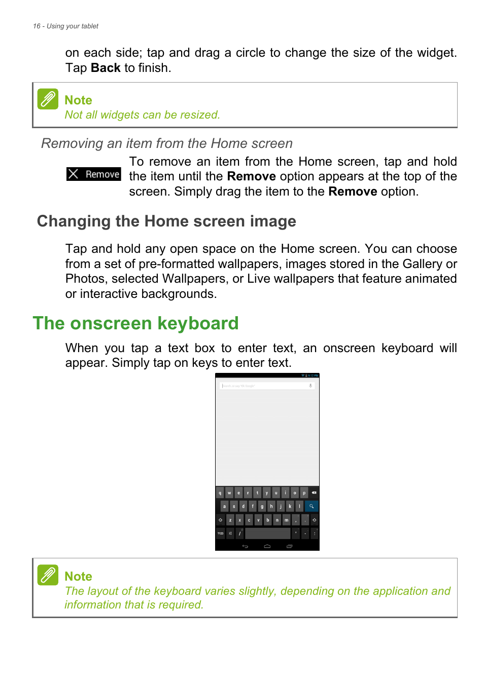 Changing the home screen image, The onscreen keyboard | Acer B1-730HD User Manual | Page 16 / 52