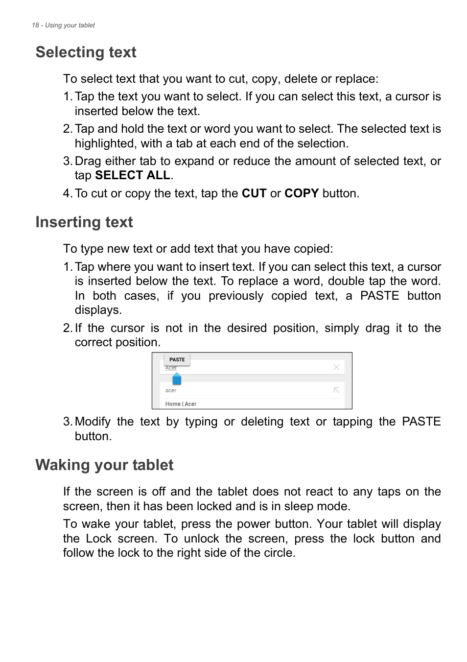 Selecting text, Inserting text, Waking your tablet | Acer B1-730HD User Manual | Page 18 / 52