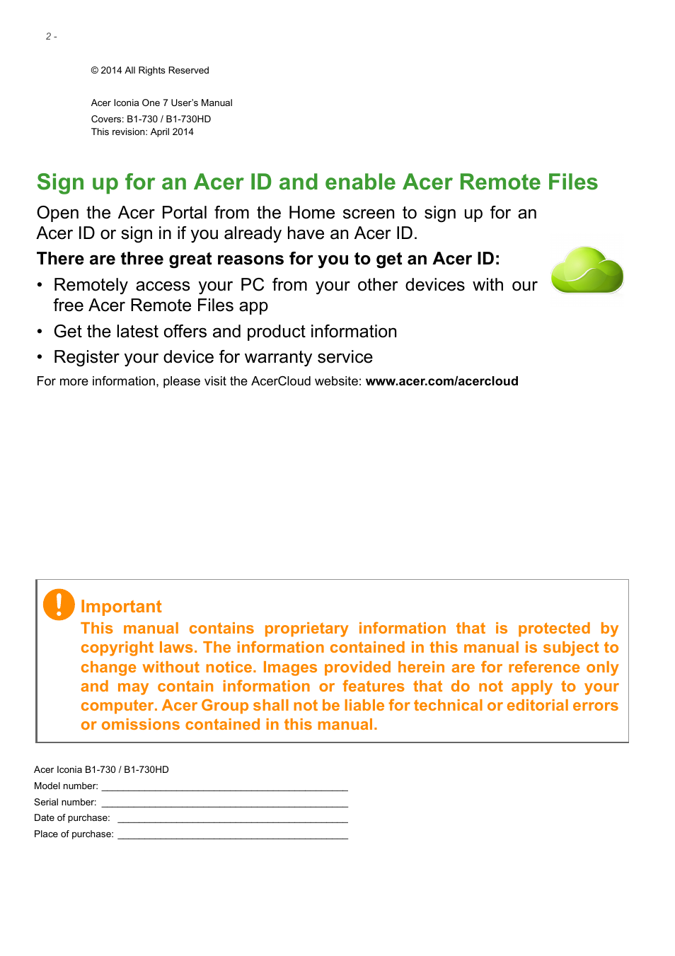 Important | Acer B1-730HD User Manual | Page 2 / 52