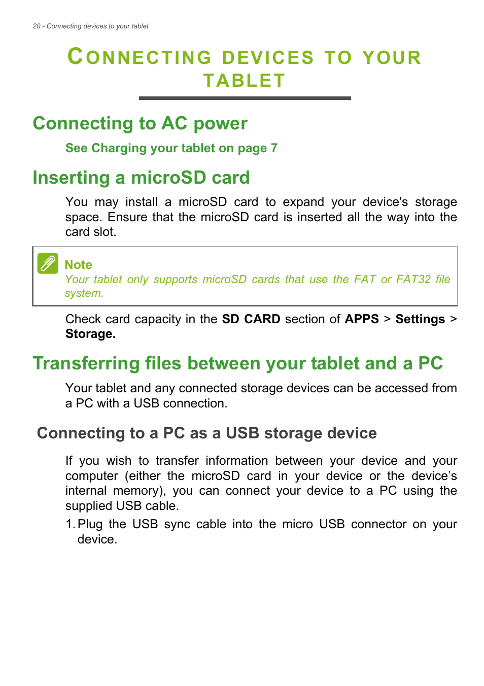 Connecting devices to your tablet, Connecting to ac power, Inserting a microsd card | Transferring files between your tablet and a pc, Connecting to a pc as a usb storage device, Onnecting, Devices, Your, Tablet connecting to ac power | Acer B1-730HD User Manual | Page 20 / 52