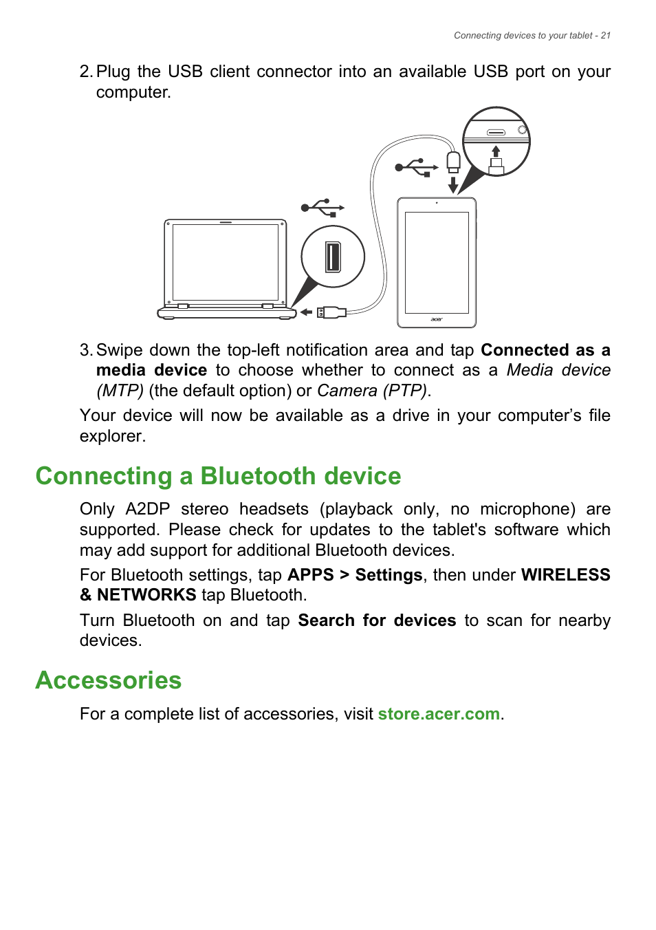 Connecting a bluetooth device, Accessories, Connecting a bluetooth device accessories | Acer B1-730HD User Manual | Page 21 / 52