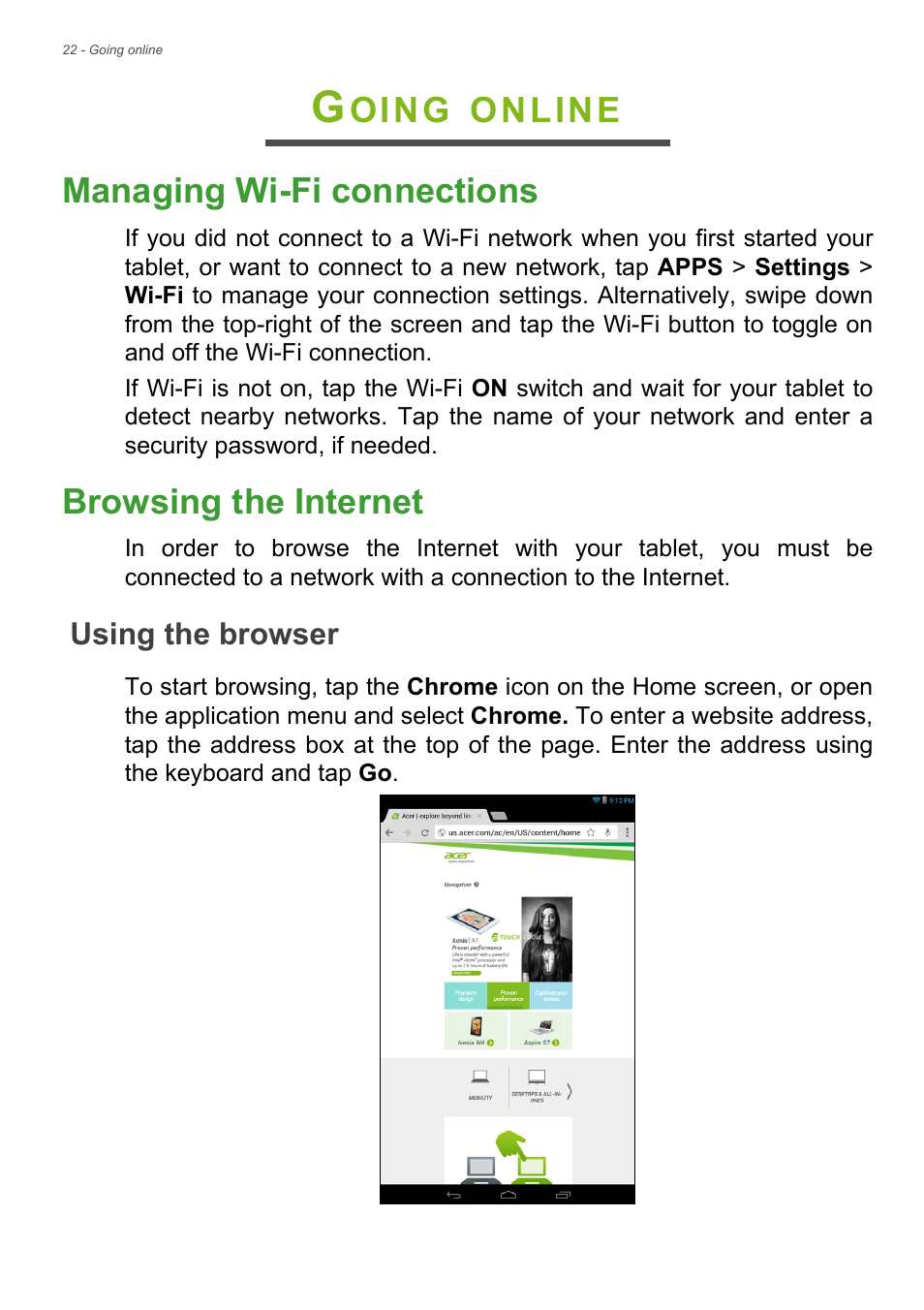 Going online, Managing wi-fi connections, Browsing the internet | Using the browser, Managing wi-fi connections browsing the internet, Oing, Online managing wi-fi connections | Acer B1-730HD User Manual | Page 22 / 52