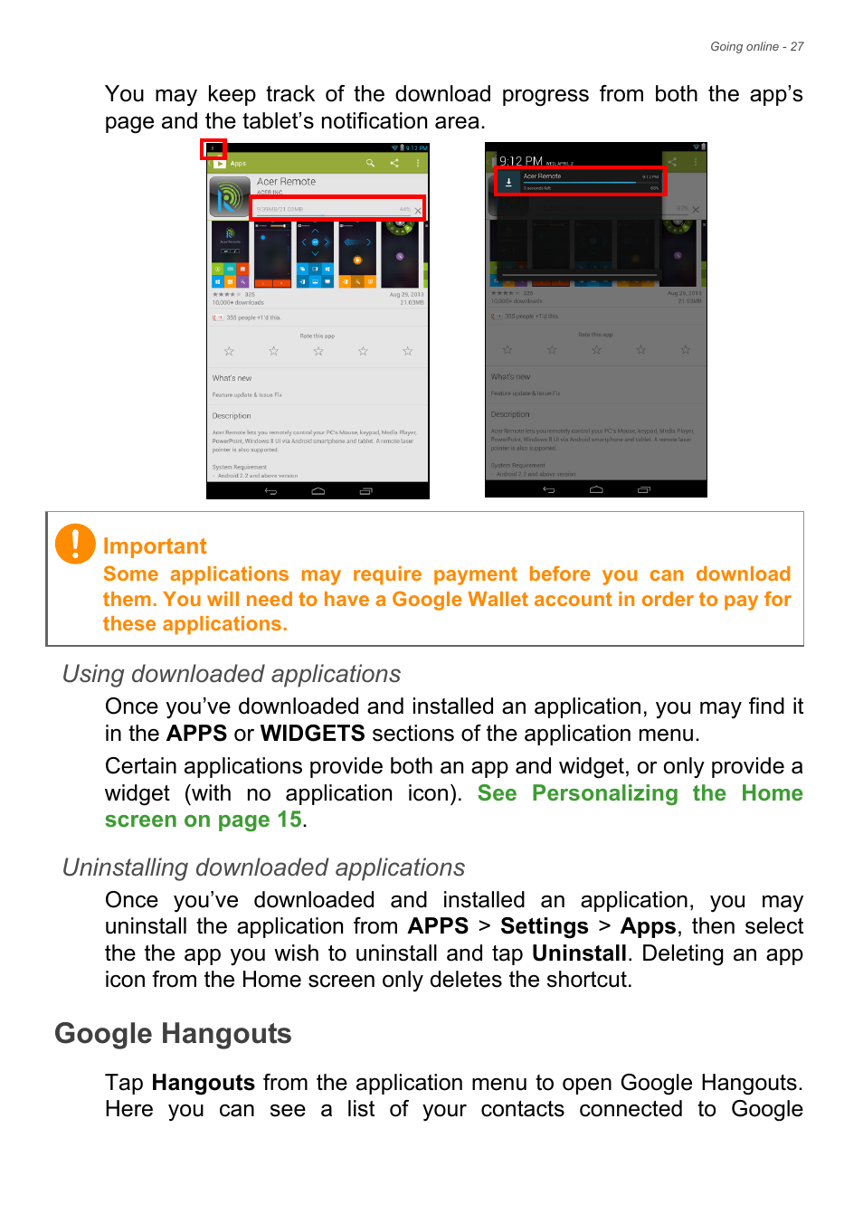 Google hangouts | Acer B1-730HD User Manual | Page 27 / 52