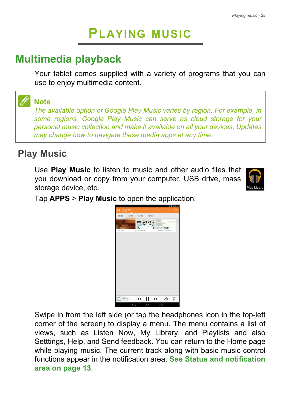 Playing music, Multimedia playback, Play music | Laying, Music multimedia playback | Acer B1-730HD User Manual | Page 29 / 52