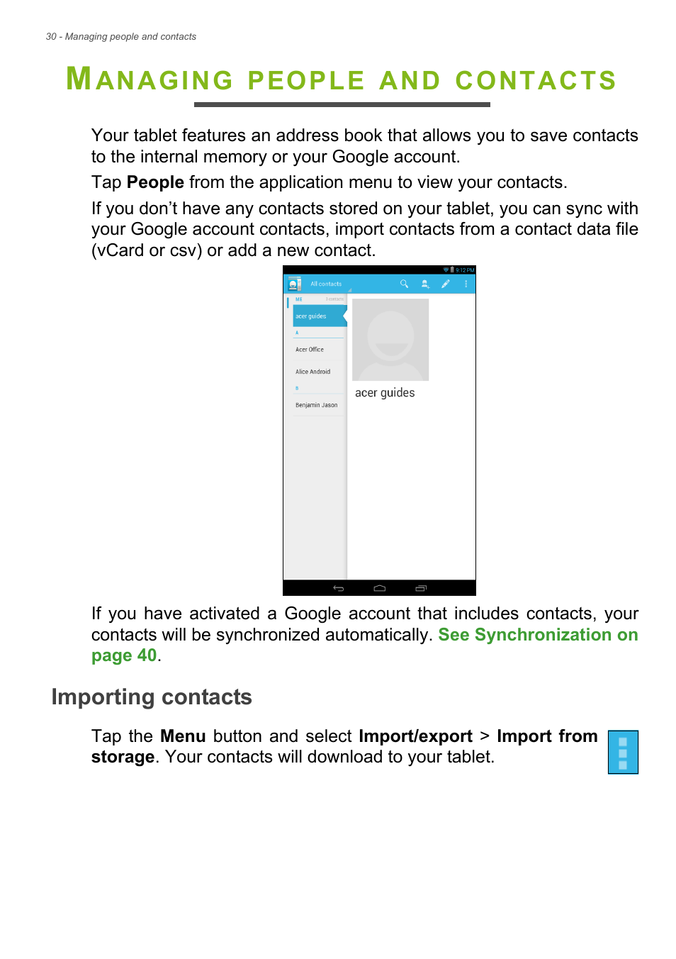 Managing people and contacts, Importing contacts, Anaging | People, Contacts | Acer B1-730HD User Manual | Page 30 / 52