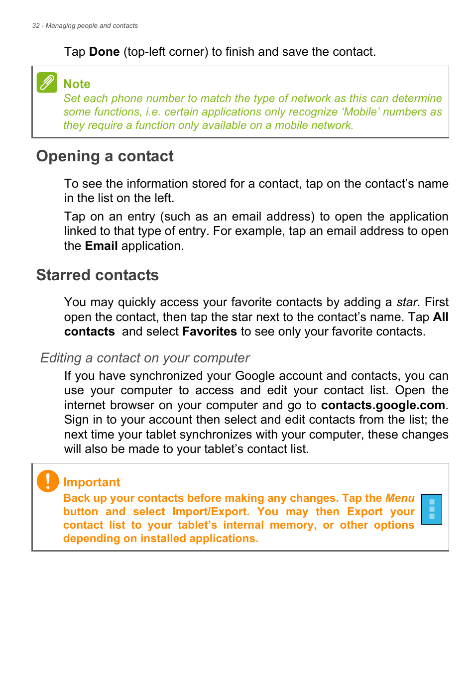 Opening a contact, Starred contacts | Acer B1-730HD User Manual | Page 32 / 52