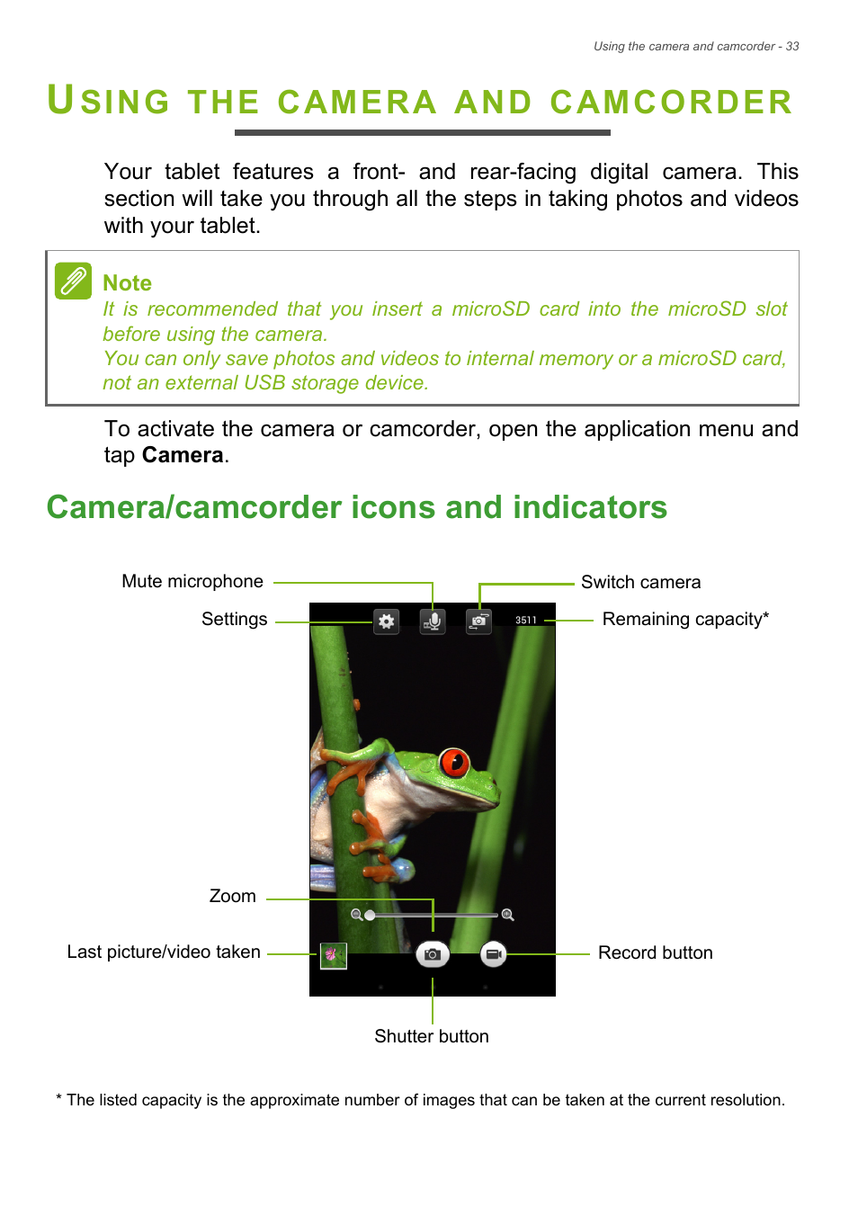 Using the camera and camcorder, Camera/camcorder icons and indicators, Camera/camcorder icons and indicators 33 | Sing, Camera, Camcorder | Acer B1-730HD User Manual | Page 33 / 52