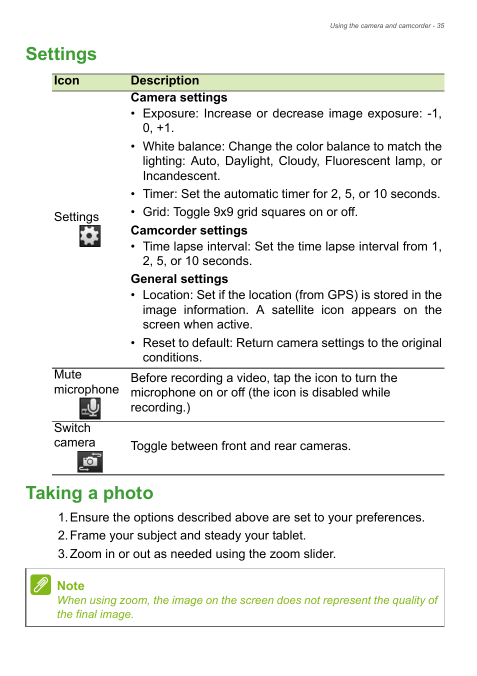 Settings, Taking a photo, Settings taking a photo | Acer B1-730HD User Manual | Page 35 / 52