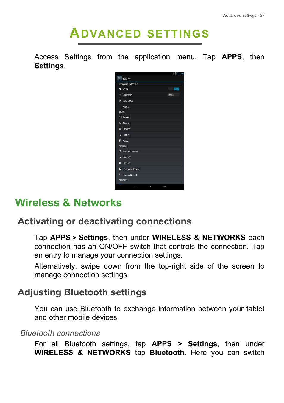 Advanced settings, Wireless & networks, Activating or deactivating connections | Adjusting bluetooth settings, Dvanced, Settings | Acer B1-730HD User Manual | Page 37 / 52