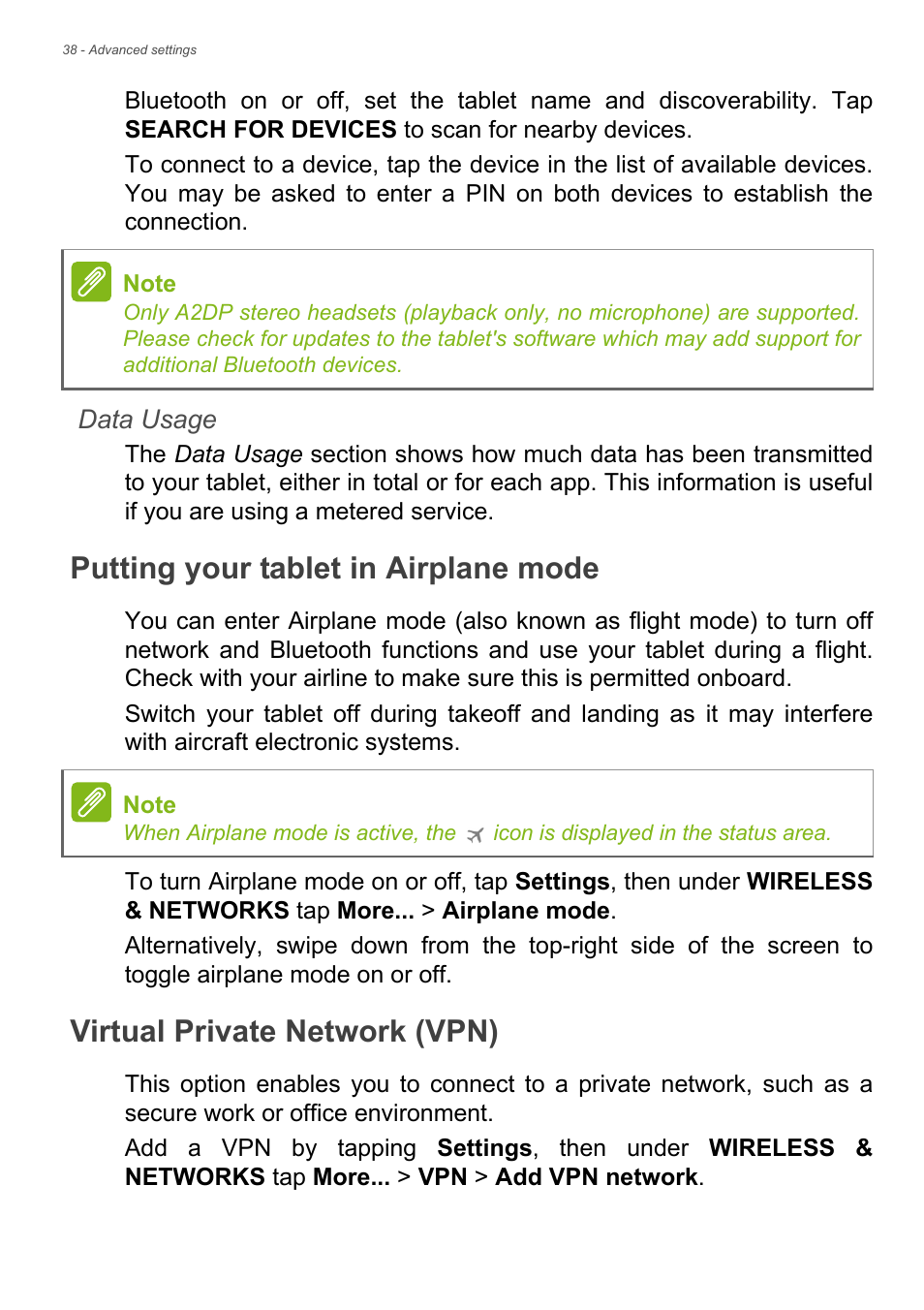 Putting your tablet in airplane mode, Virtual private network (vpn) | Acer B1-730HD User Manual | Page 38 / 52