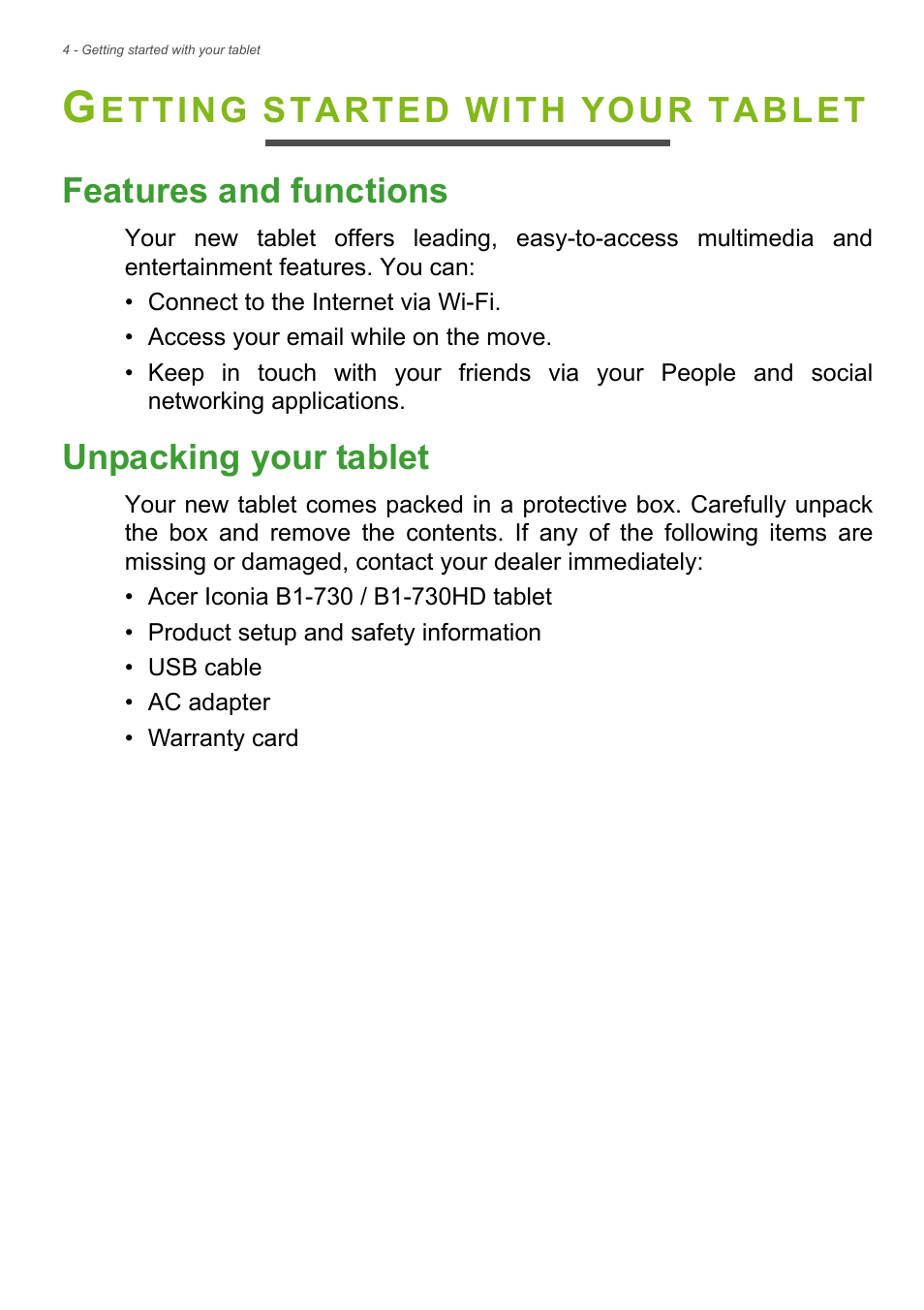 Getting started with your tablet, Features and functions, Unpacking your tablet | Features and functions unpacking your tablet | Acer B1-730HD User Manual | Page 4 / 52
