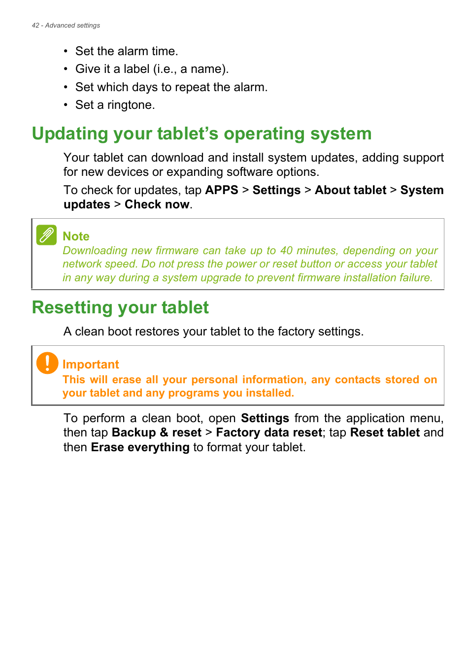 Updating your tablet’s operating system, Resetting your tablet | Acer B1-730HD User Manual | Page 42 / 52