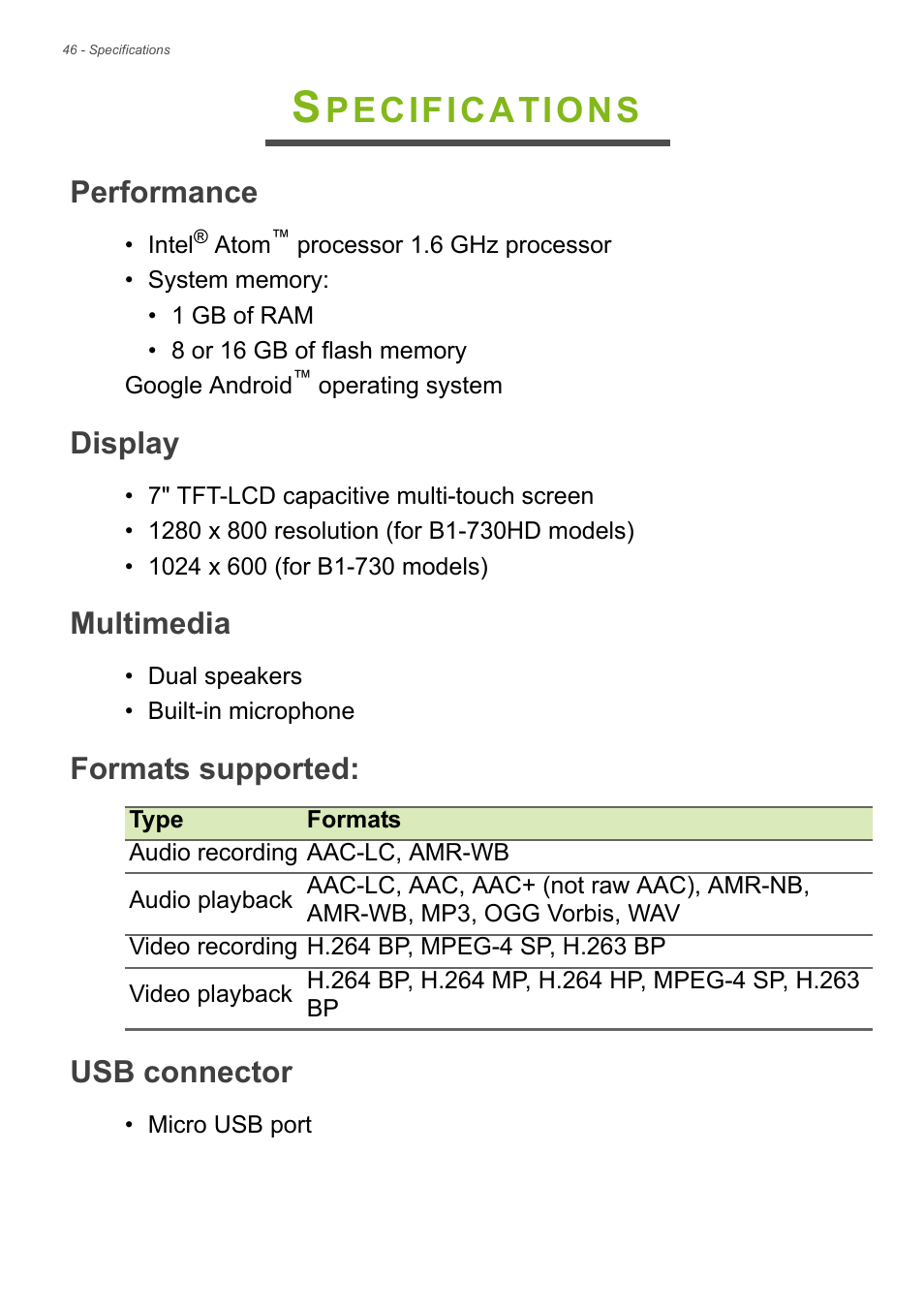 Specifications, Performance, Display | Multimedia, Formats supported, Usb connector, For more, Pecifications | Acer B1-730HD User Manual | Page 46 / 52