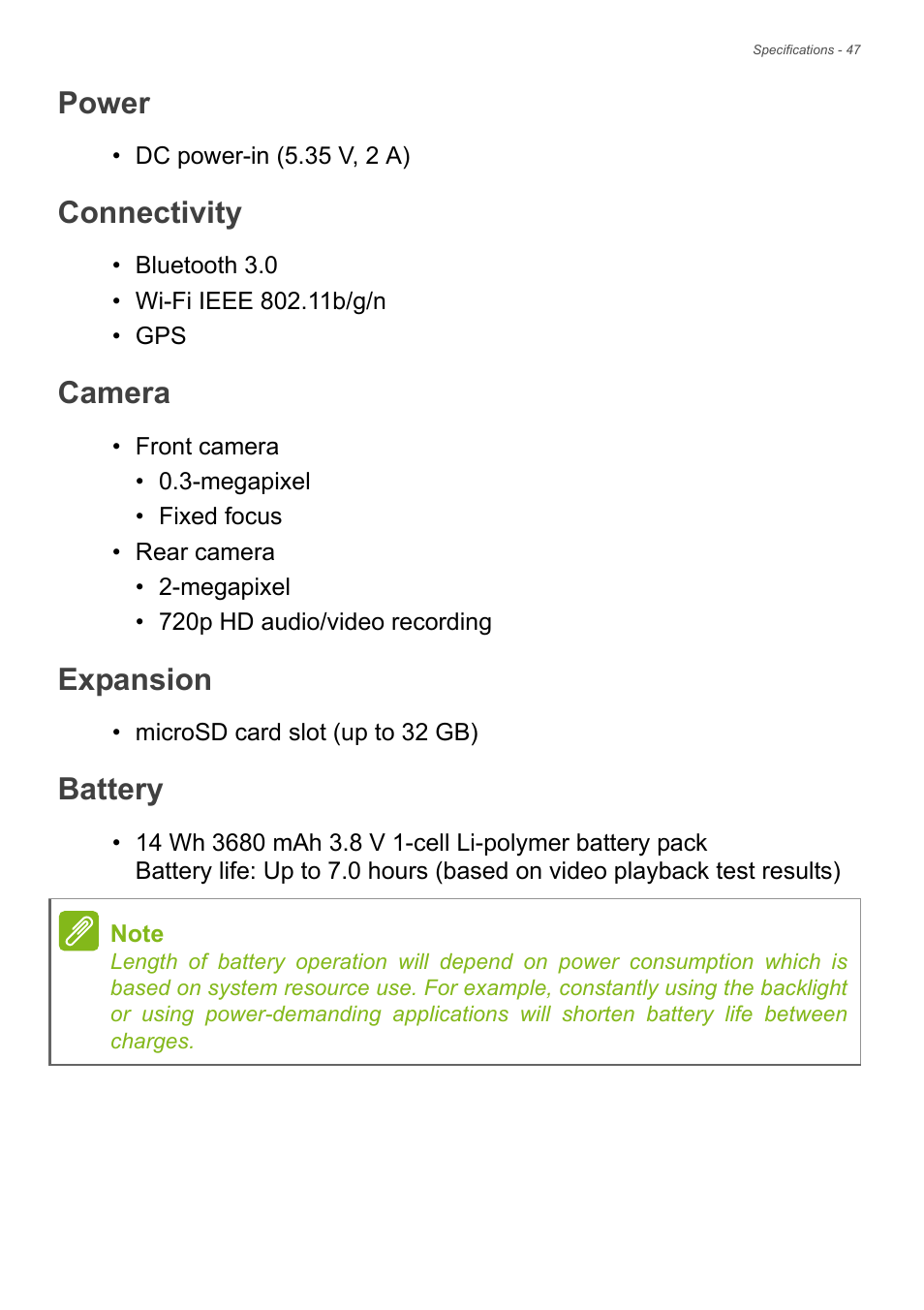 Power, Connectivity, Camera | Expansion, Battery | Acer B1-730HD User Manual | Page 47 / 52