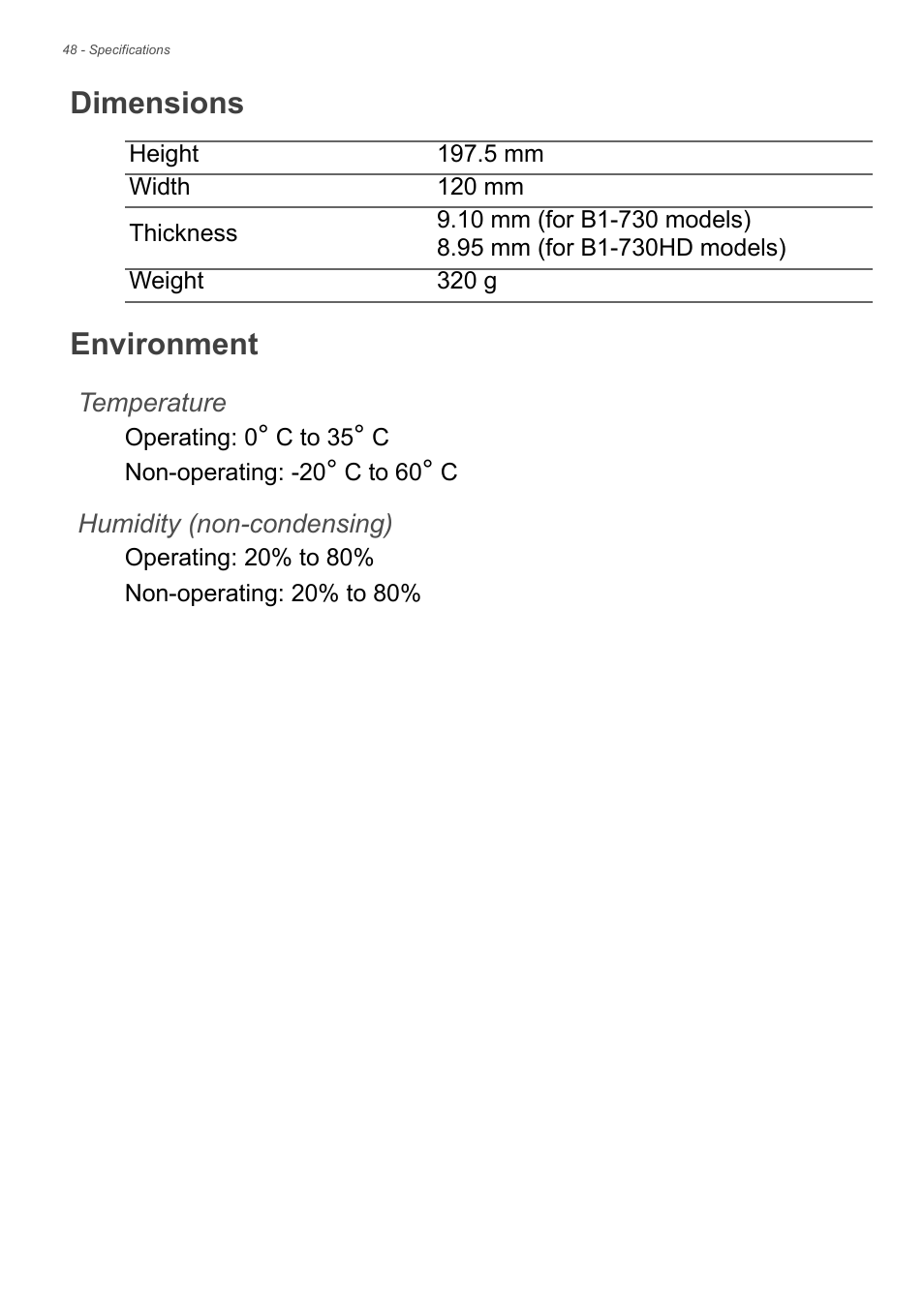 Dimensions, Environment | Acer B1-730HD User Manual | Page 48 / 52