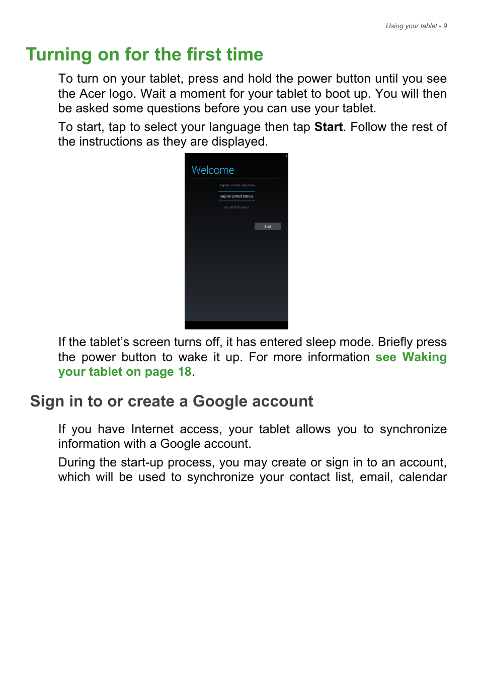 Turning on for the first time, Sign in to or create a google account | Acer B1-730HD User Manual | Page 9 / 52