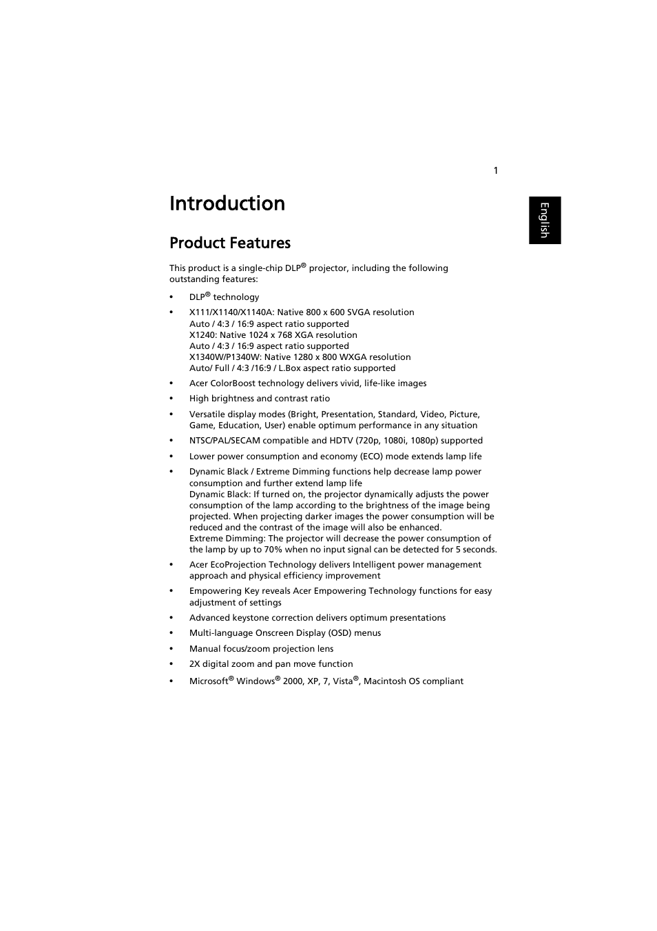 Introduction, Product features | Acer PE-W30 User Manual | Page 11 / 61