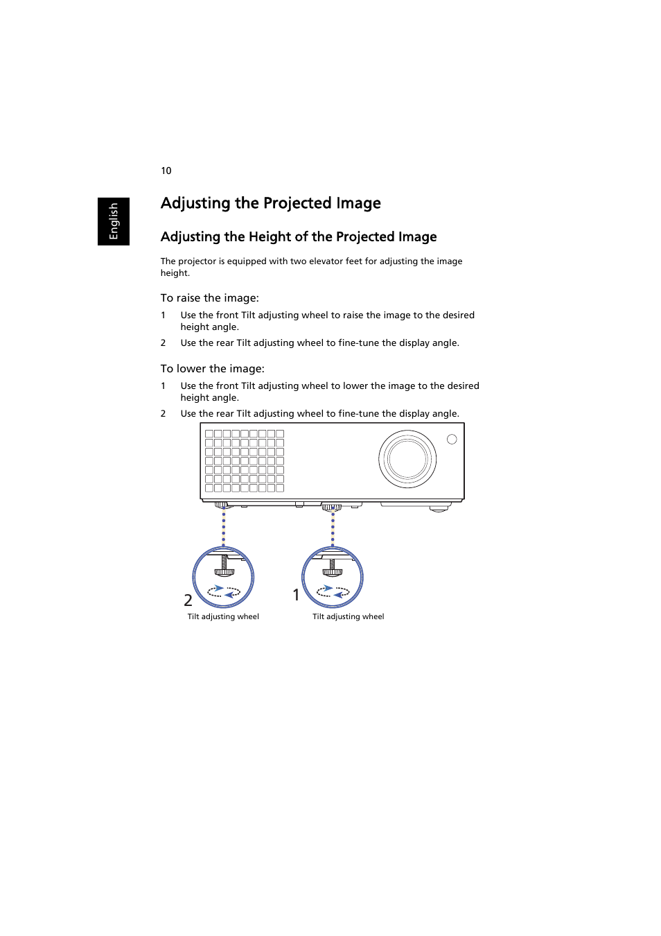 Adjusting the projected image, Adjusting the height of the projected image | Acer PE-W30 User Manual | Page 20 / 61