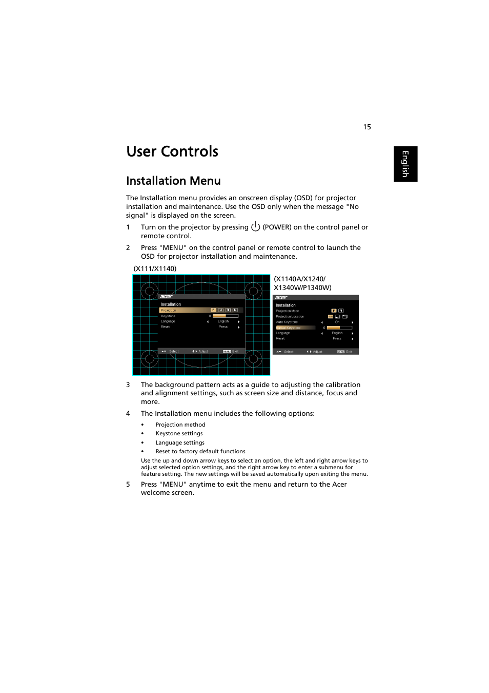 User controls, Installation menu | Acer PE-W30 User Manual | Page 25 / 61