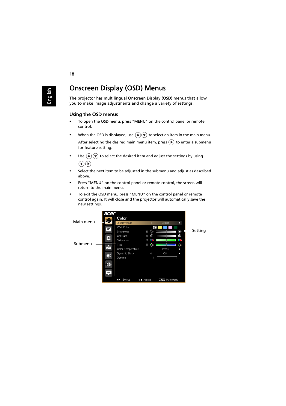 Onscreen display (osd) menus | Acer PE-W30 User Manual | Page 28 / 61