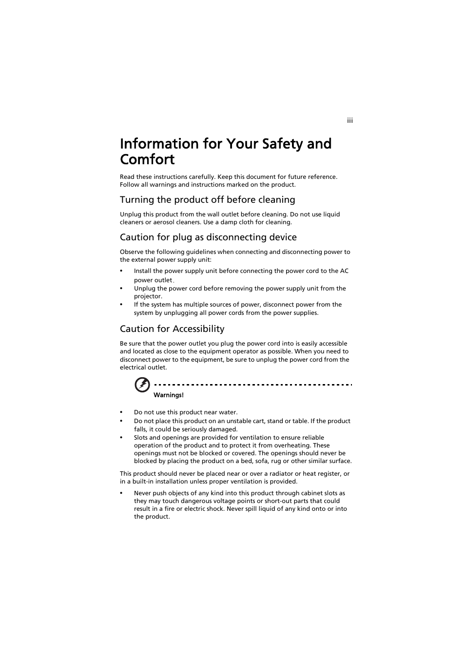 Information for your safety and comfort, Turning the product off before cleaning, Caution for plug as disconnecting device | Caution for accessibility | Acer PE-W30 User Manual | Page 3 / 61