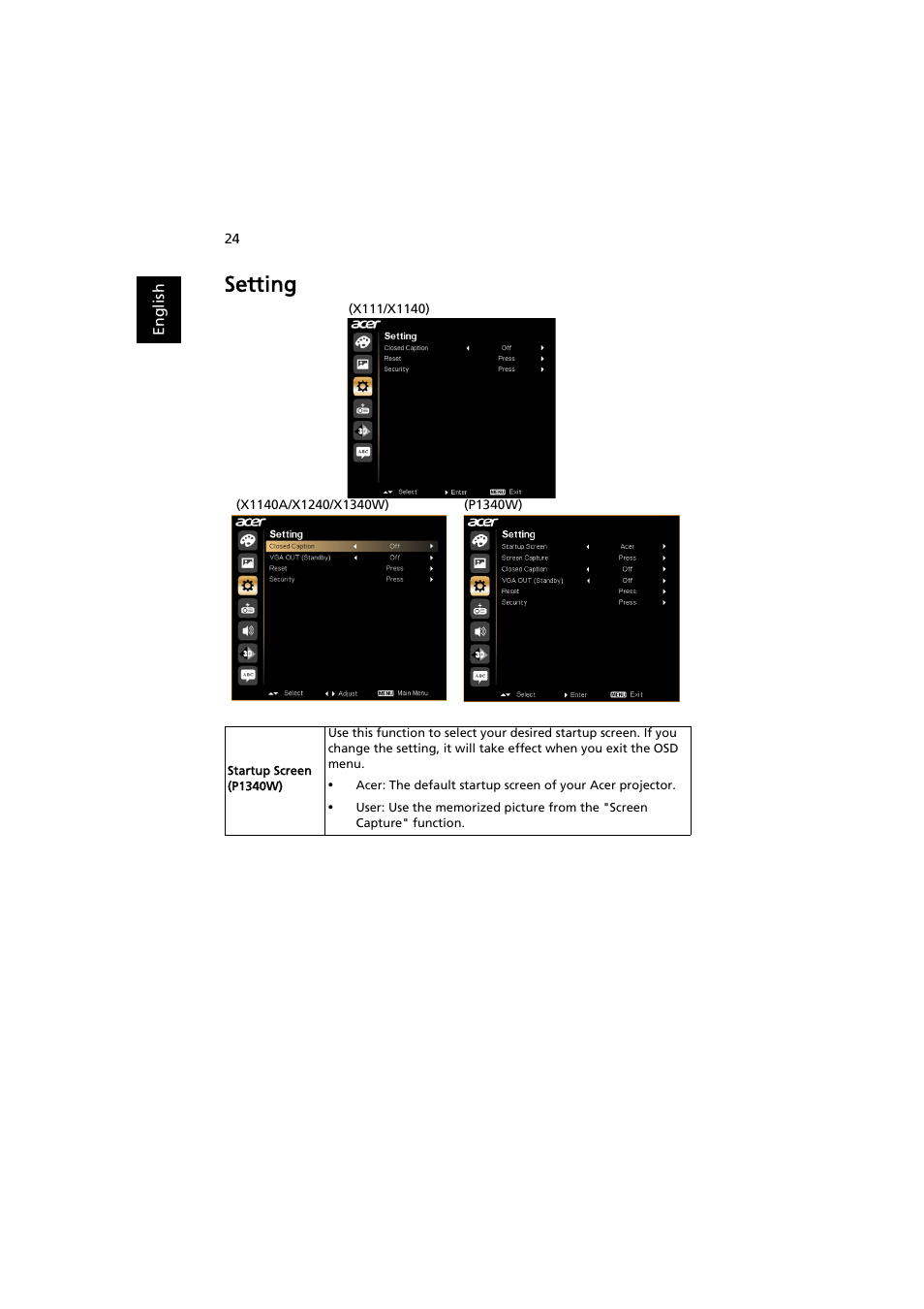 Setting | Acer PE-W30 User Manual | Page 34 / 61