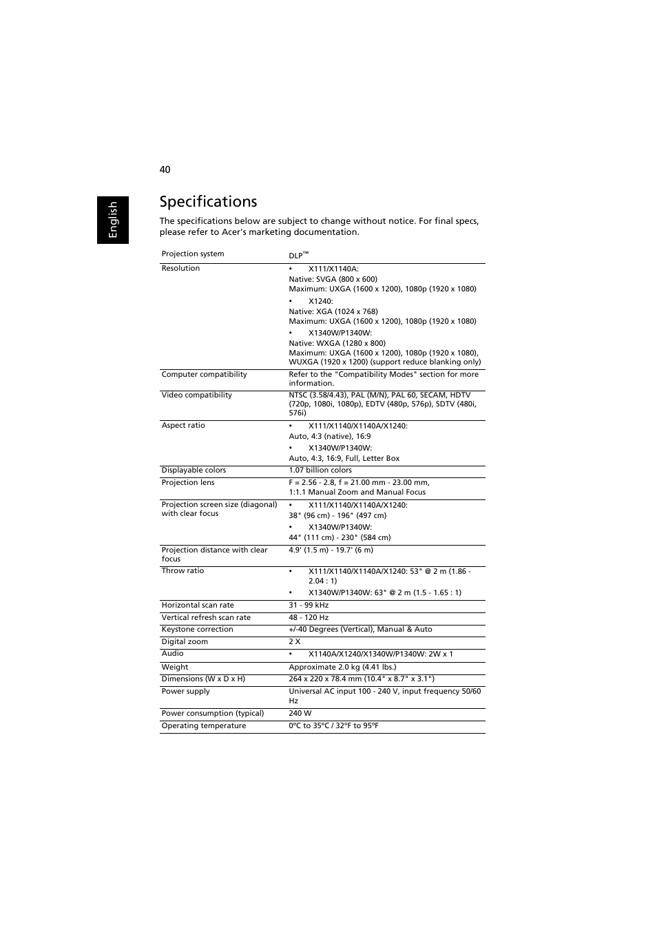 Specifications, En gl ish | Acer PE-W30 User Manual | Page 50 / 61