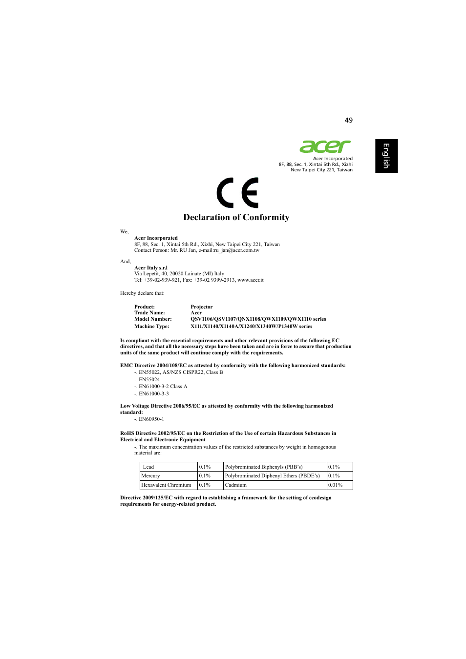 Declaration of conformity, En gli shenglish | Acer PE-W30 User Manual | Page 59 / 61