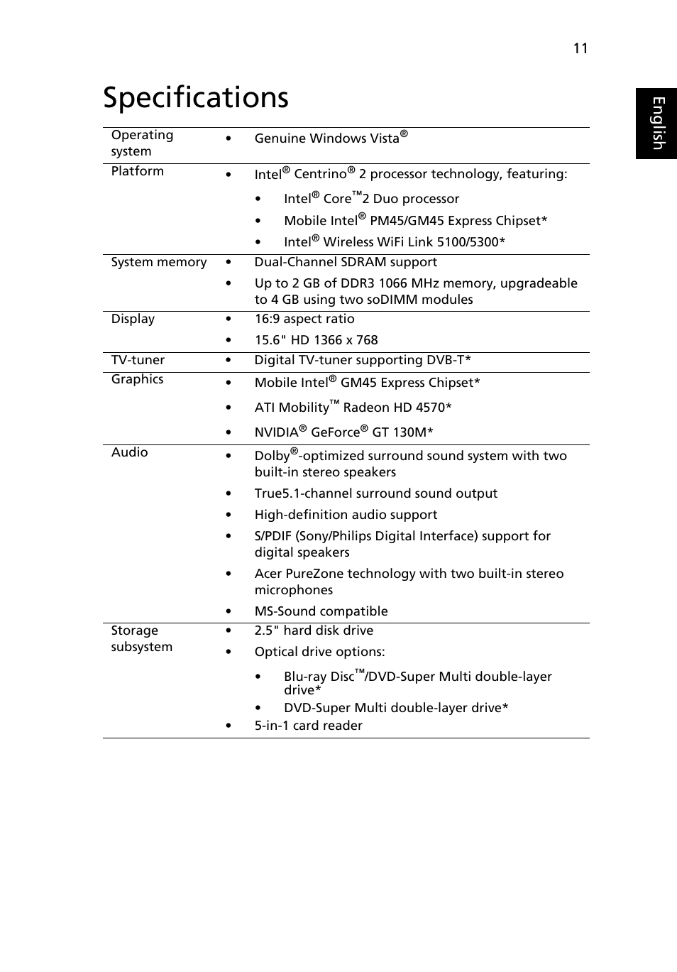 Specifications, Eng lis h | Acer Aspire 5739 User Manual | Page 11 / 21