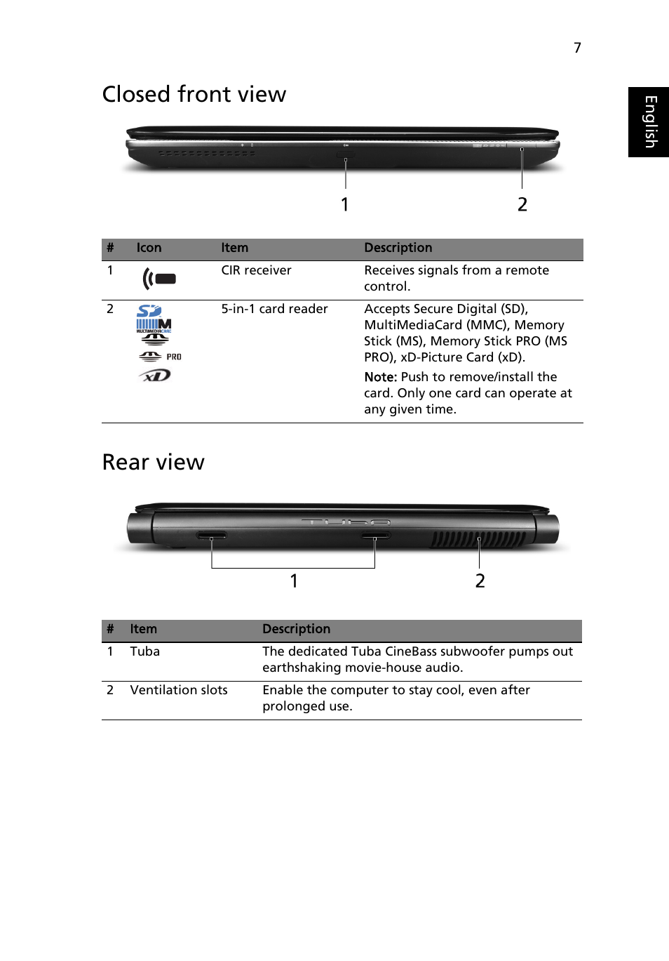 Closed front view, Rear view, Closed front view rear view | Acer Aspire 5739 User Manual | Page 7 / 21