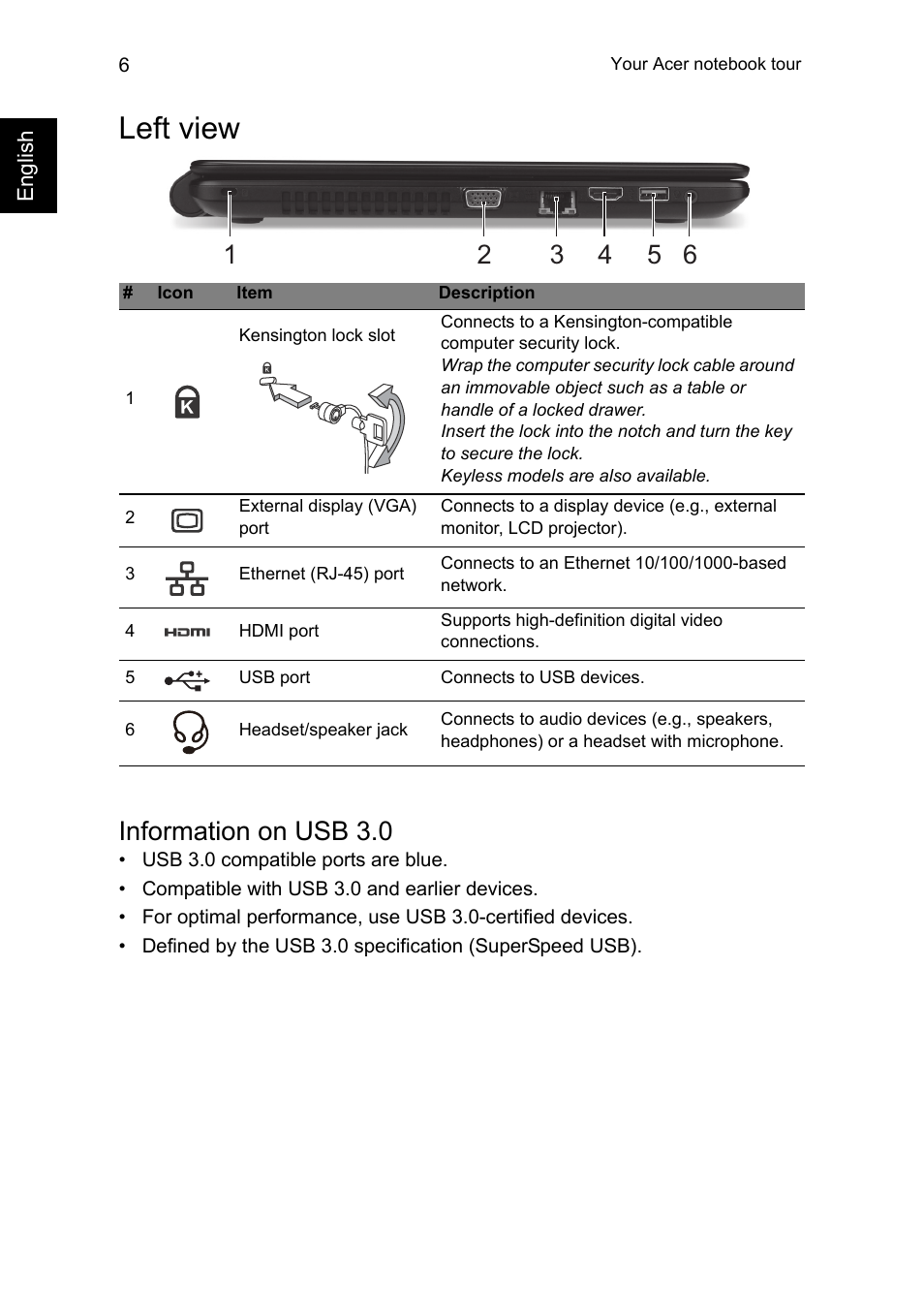 Left view, Information on usb 3.0 | Acer Aspire E1-572 User Manual | Page 6 / 9