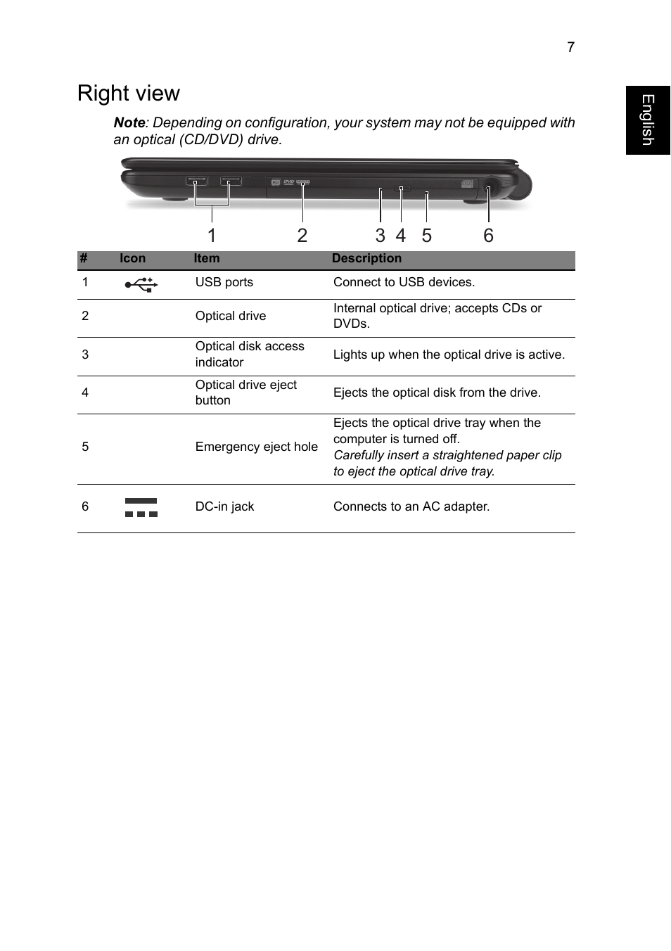 Right view | Acer Aspire E1-572 User Manual | Page 7 / 9