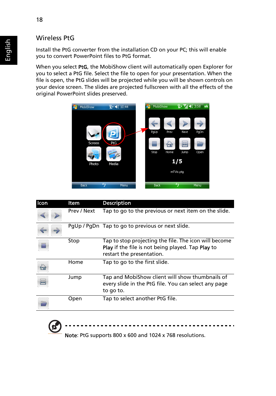 English wireless ptg | Acer S5201 User Manual | Page 18 / 52