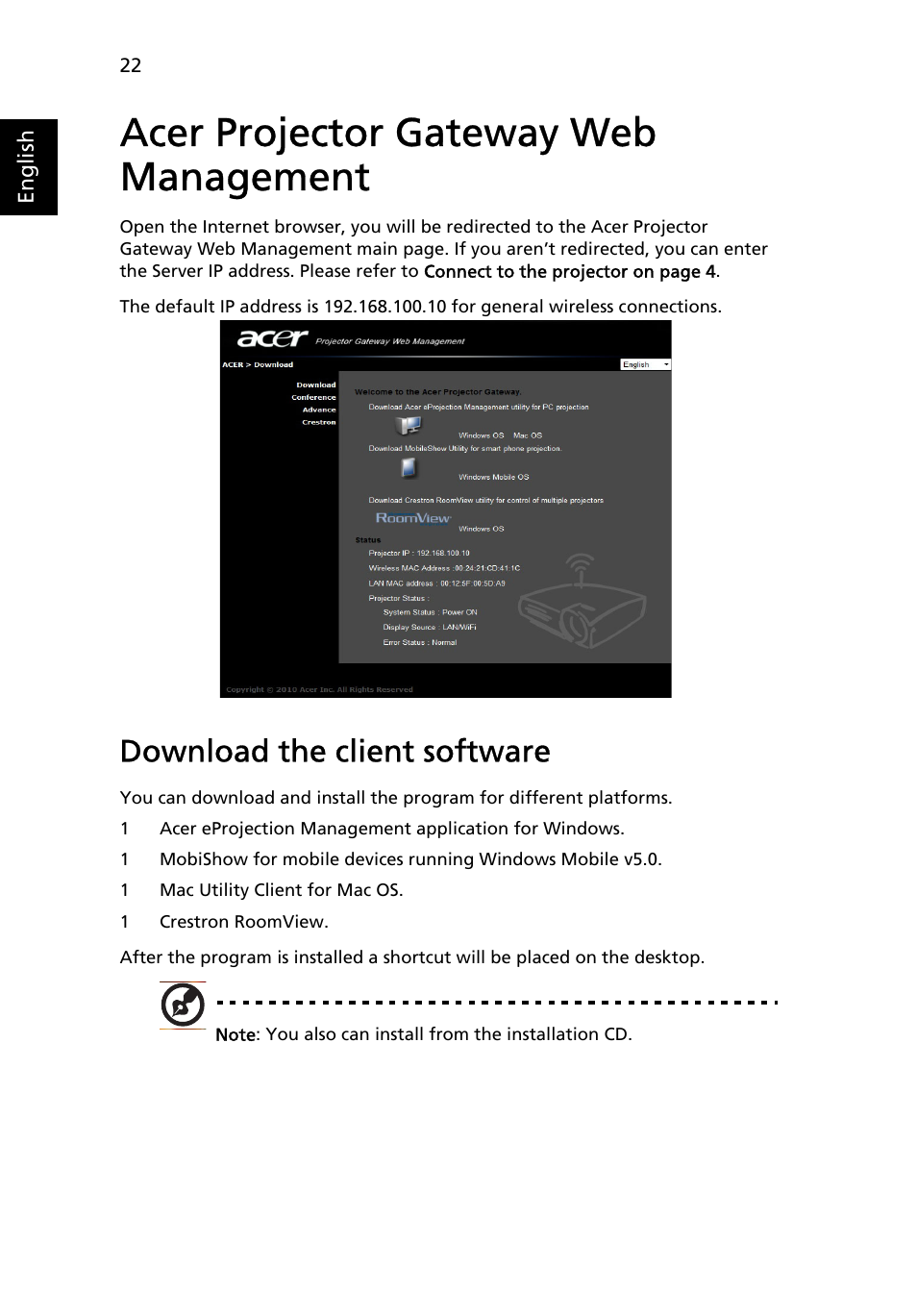 Acer projector gateway web management, Download the client software | Acer S5201 User Manual | Page 22 / 52