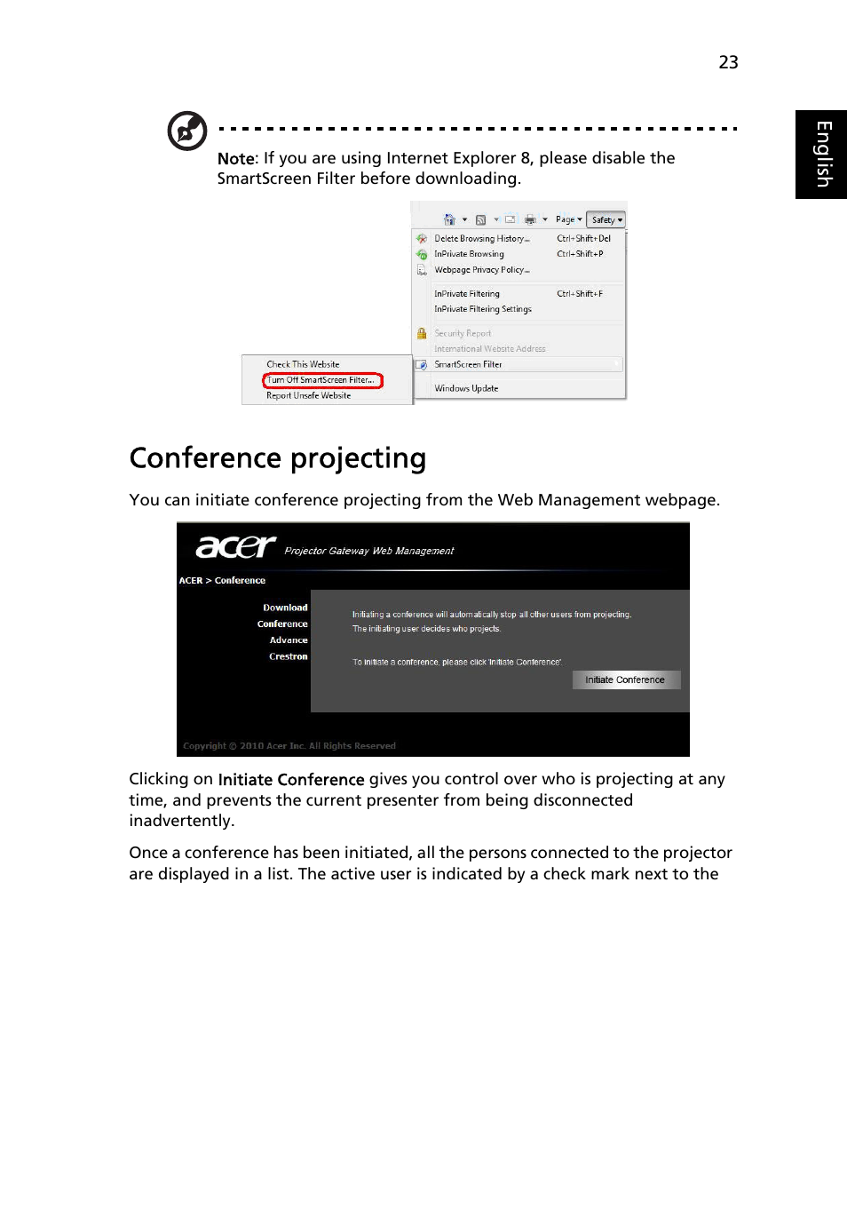 Conference projecting | Acer S5201 User Manual | Page 23 / 52