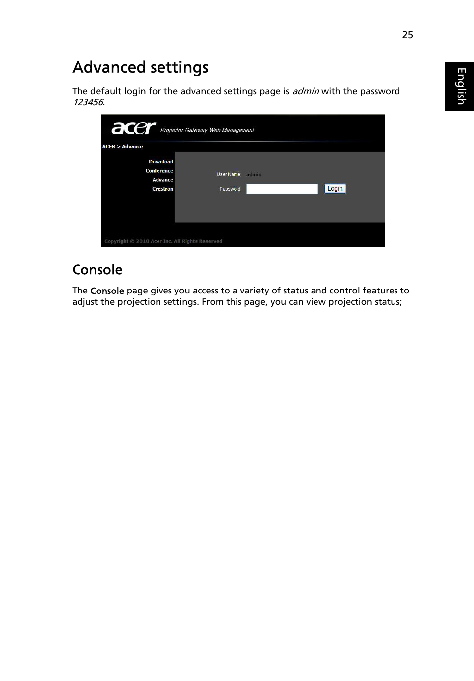 Advanced settings, Console | Acer S5201 User Manual | Page 25 / 52