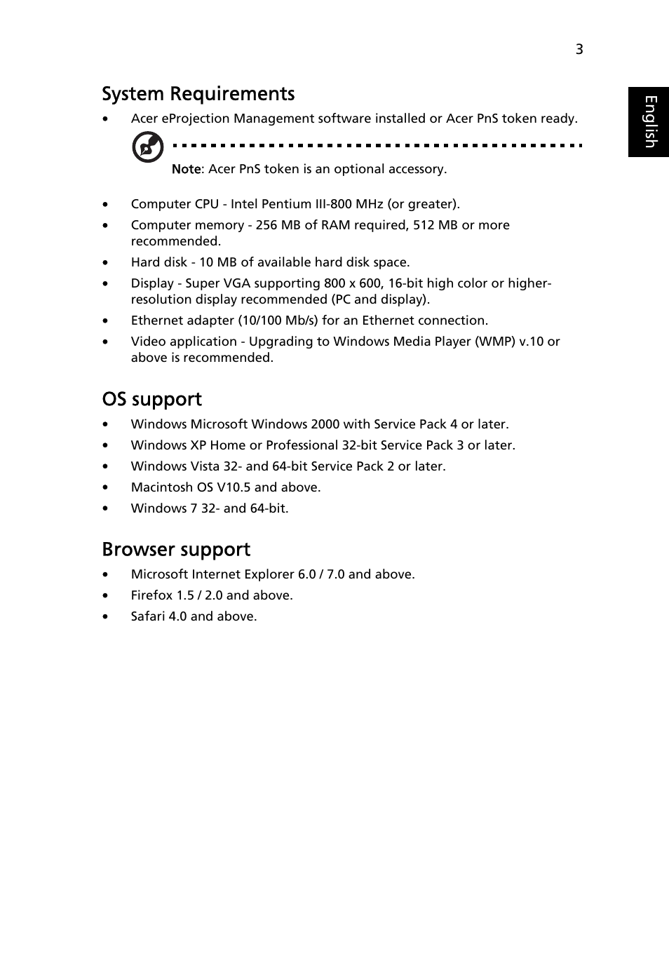 System requirements, Os support, Browser support | Acer S5201 User Manual | Page 3 / 52