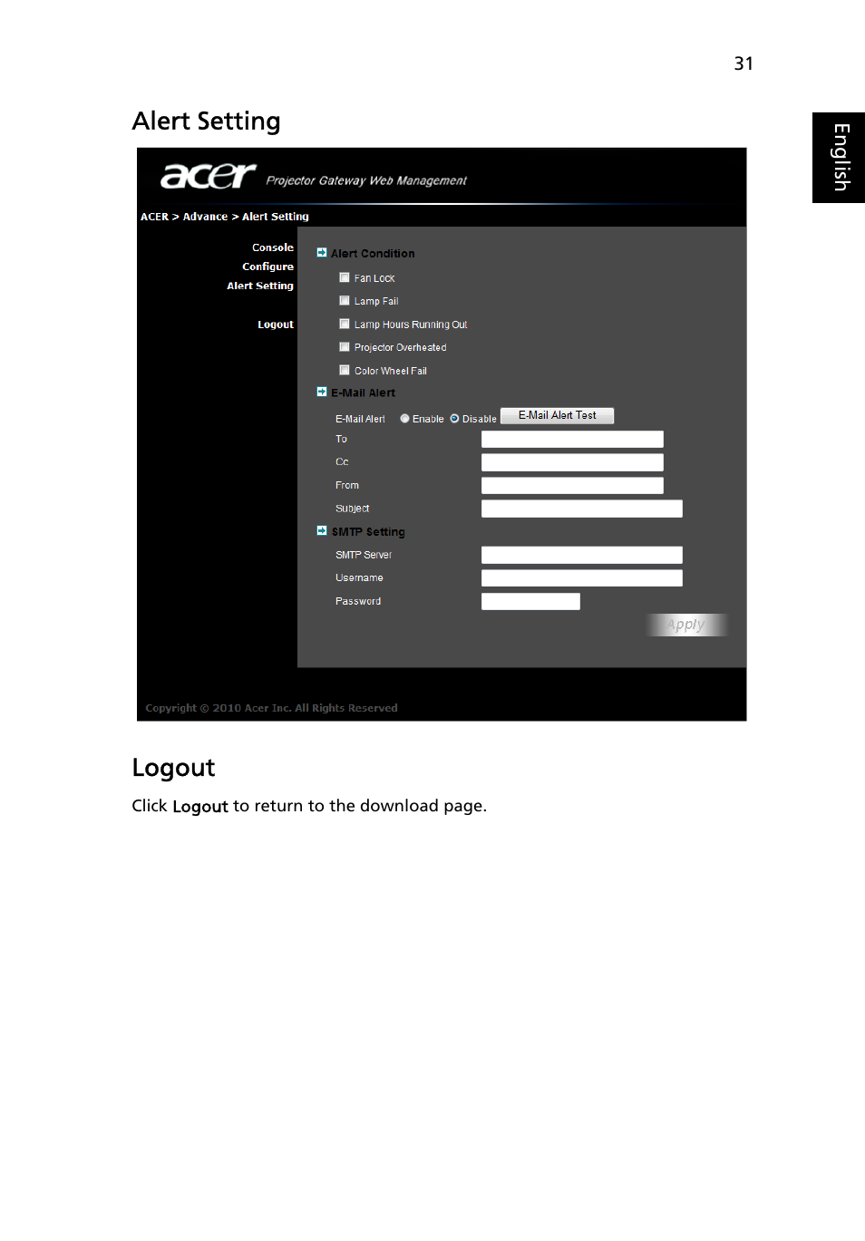 Alert setting, Logout, Alert setting logout | Acer S5201 User Manual | Page 31 / 52