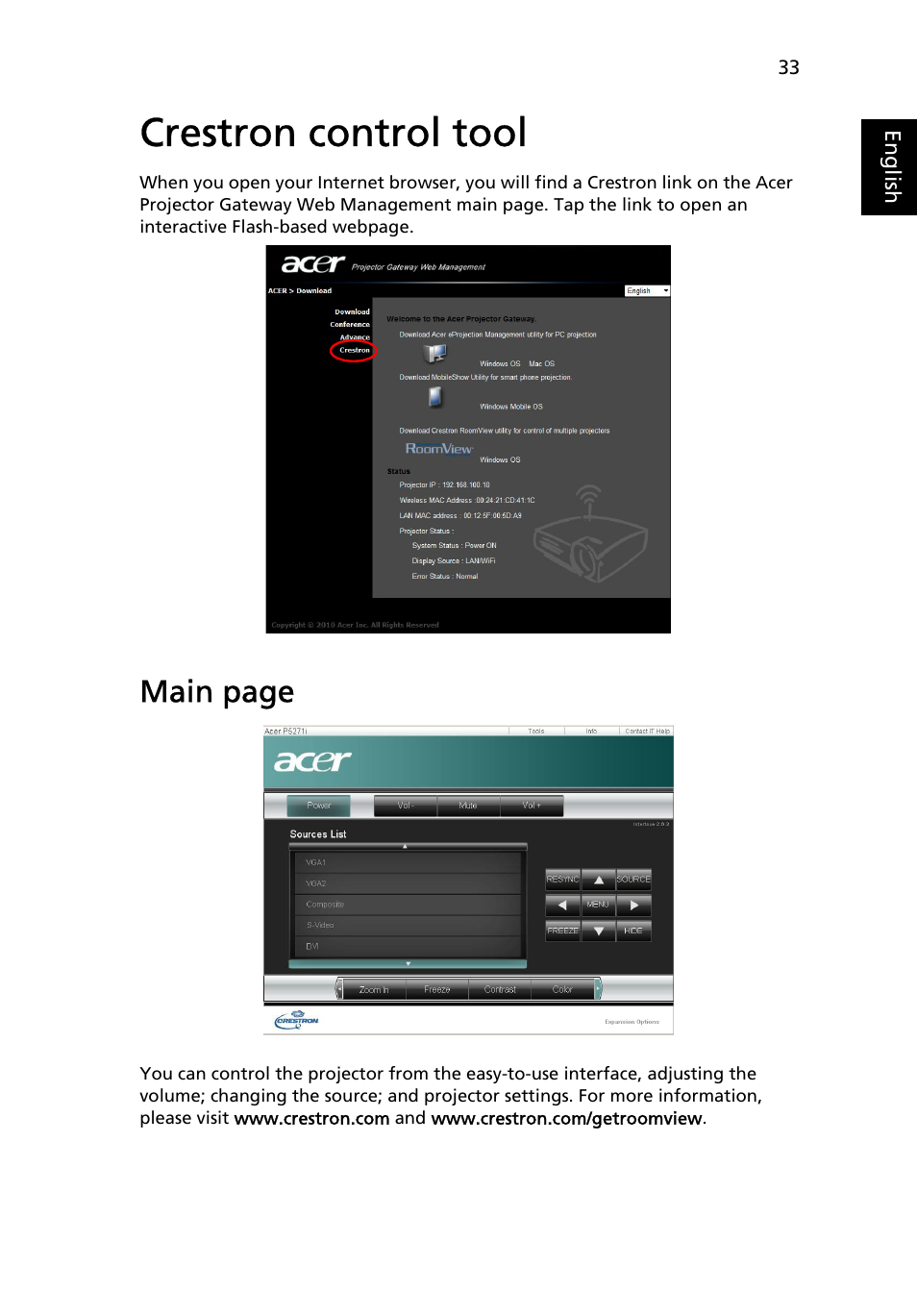 Crestron control tool, Main page | Acer S5201 User Manual | Page 33 / 52