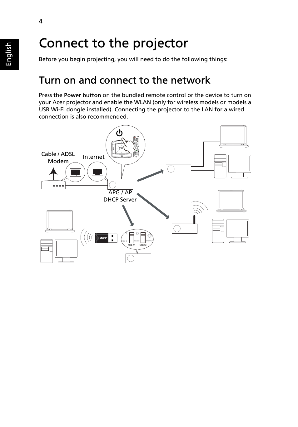 Connect to the projector, Turn on and connect to the network, English | Acer S5201 User Manual | Page 4 / 52