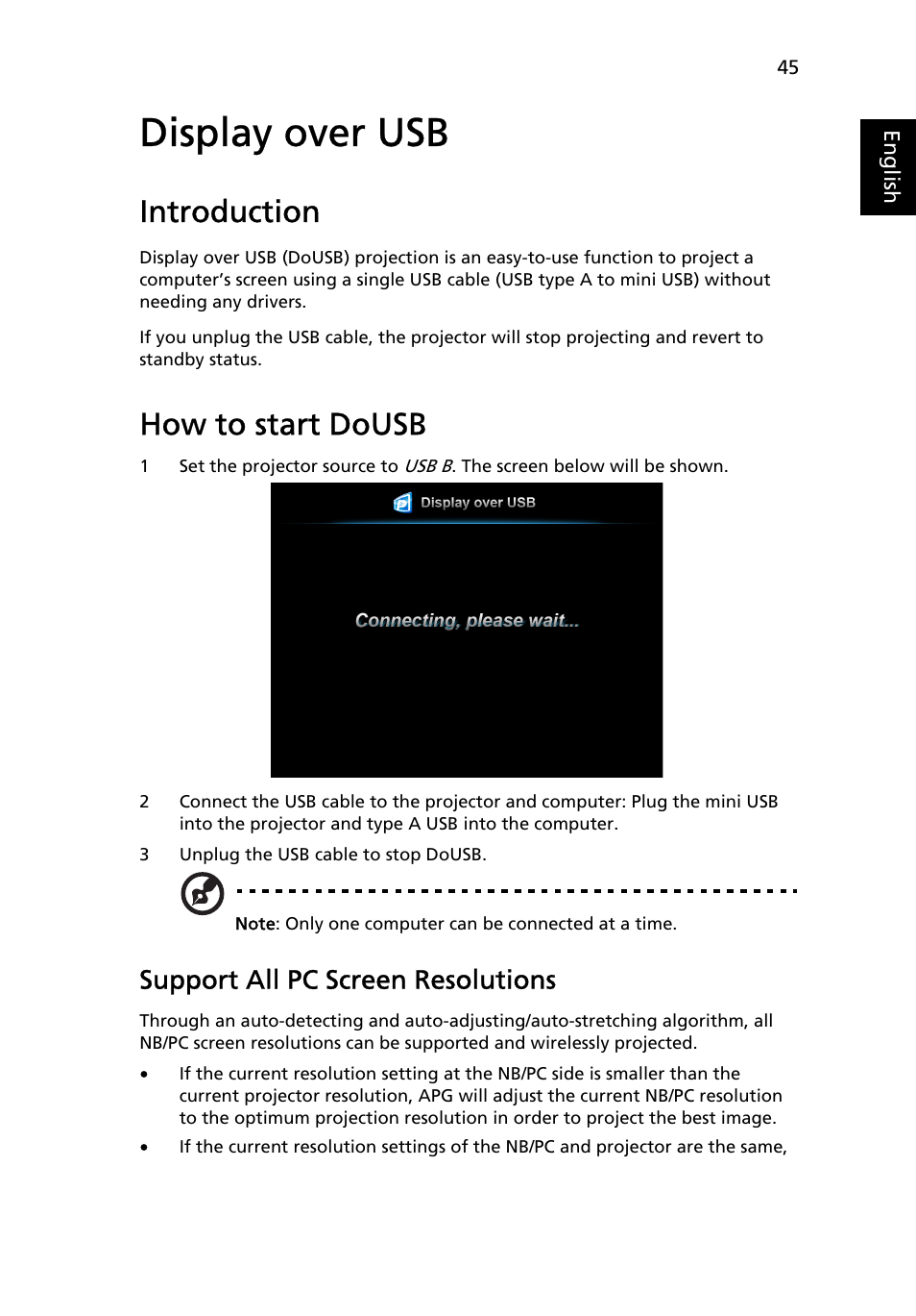 Display over usb, Introduction, How to start dousb | Support all pc screen resolutions | Acer S5201 User Manual | Page 45 / 52