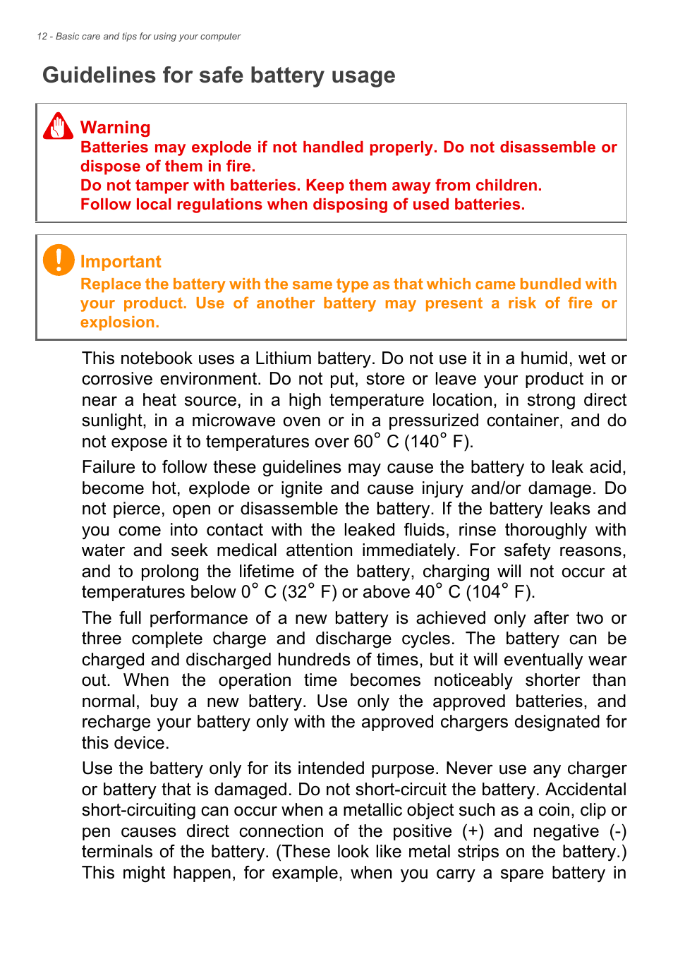 Guidelines for safe battery usage | Acer Aspire E1-472 User Manual | Page 12 / 28