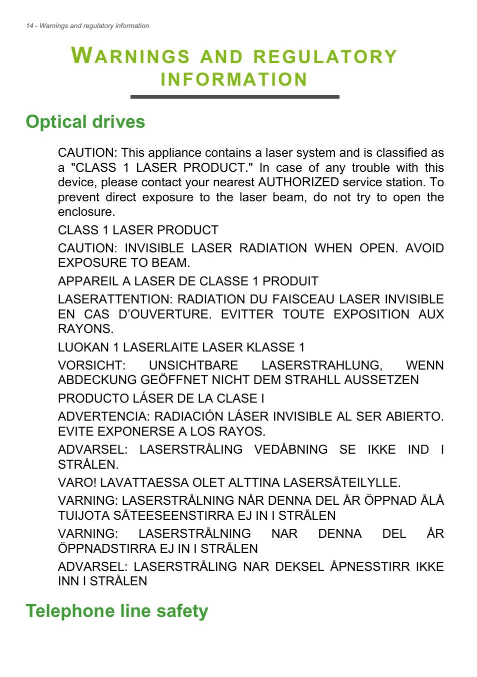 Warnings and regulatory information, Optical drives, Telephone line safety | Acer Aspire E1-472 User Manual | Page 14 / 28