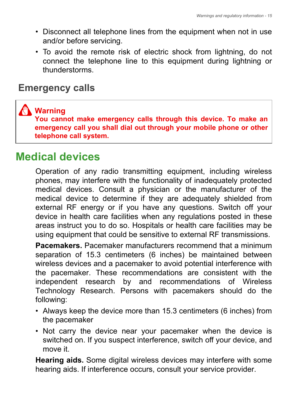 Emergency calls, Medical devices | Acer Aspire E1-472 User Manual | Page 15 / 28