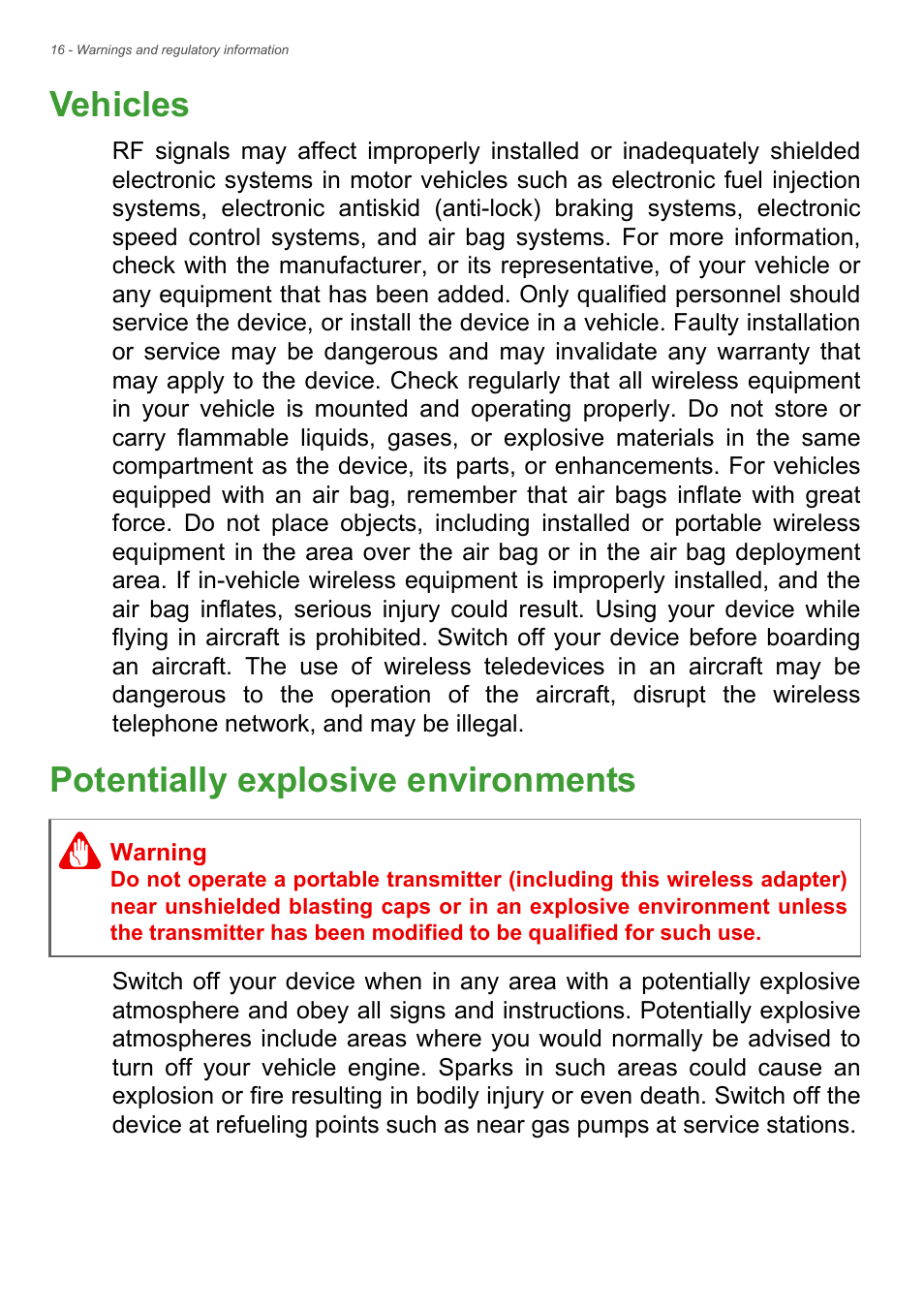 Vehicles, Potentially explosive environments, Vehicles potentially explosive environments | Acer Aspire E1-472 User Manual | Page 16 / 28