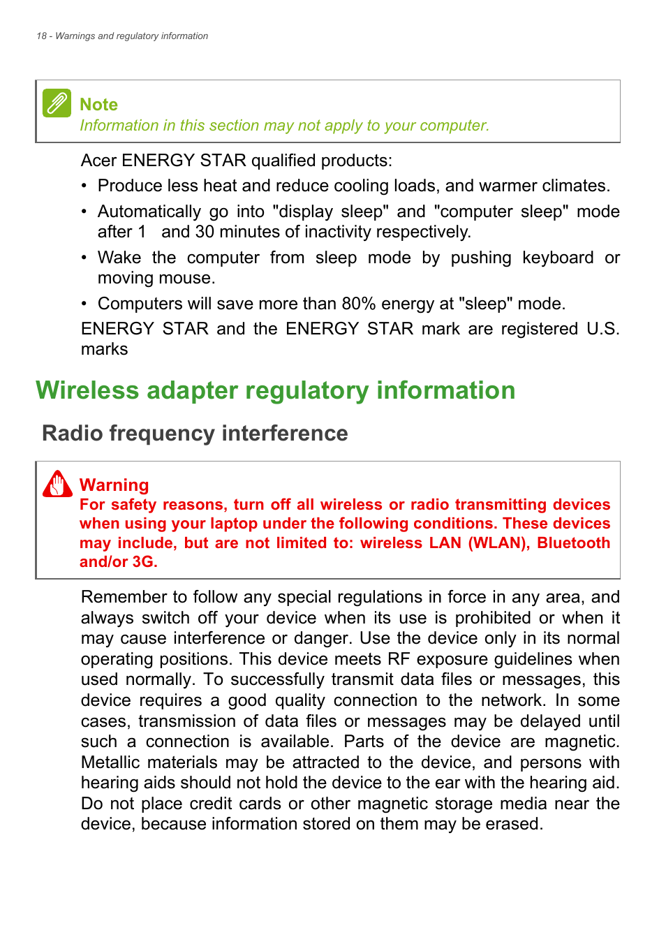 Wireless adapter regulatory information, Radio frequency interference, Wireless adapter regulatory information 18 | Acer Aspire E1-472 User Manual | Page 18 / 28