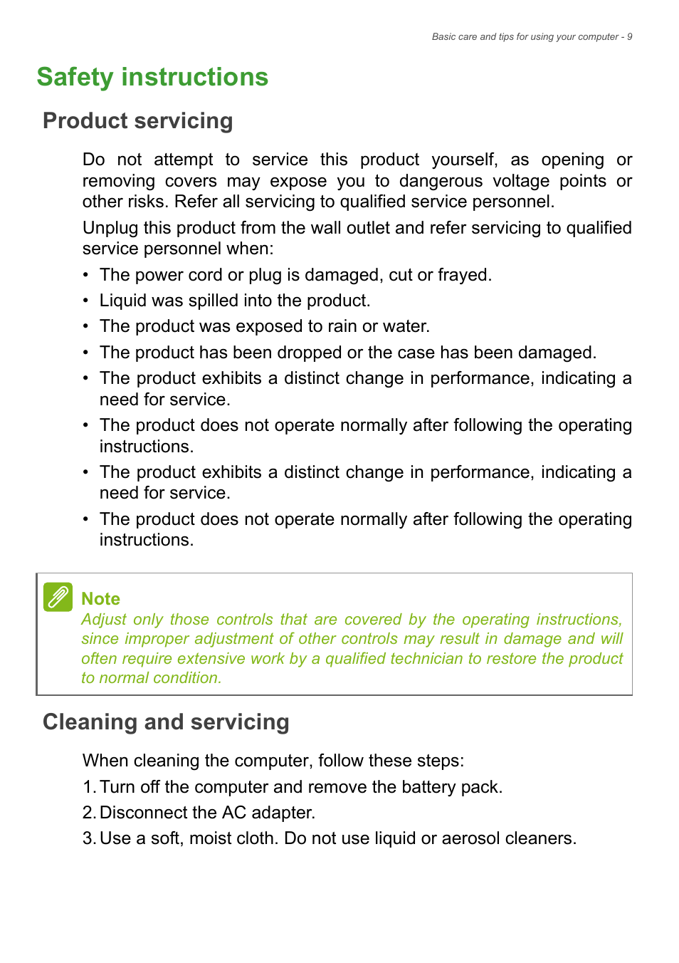 Safety instructions, Product servicing, Cleaning and servicing | Product servicing cleaning and servicing | Acer Aspire E1-472 User Manual | Page 9 / 28